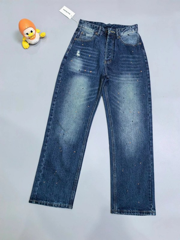 Acne Studios Blue Jeans: Loose Straight Rigid Denim with Faded Indigo Wash and Splatter Distressing