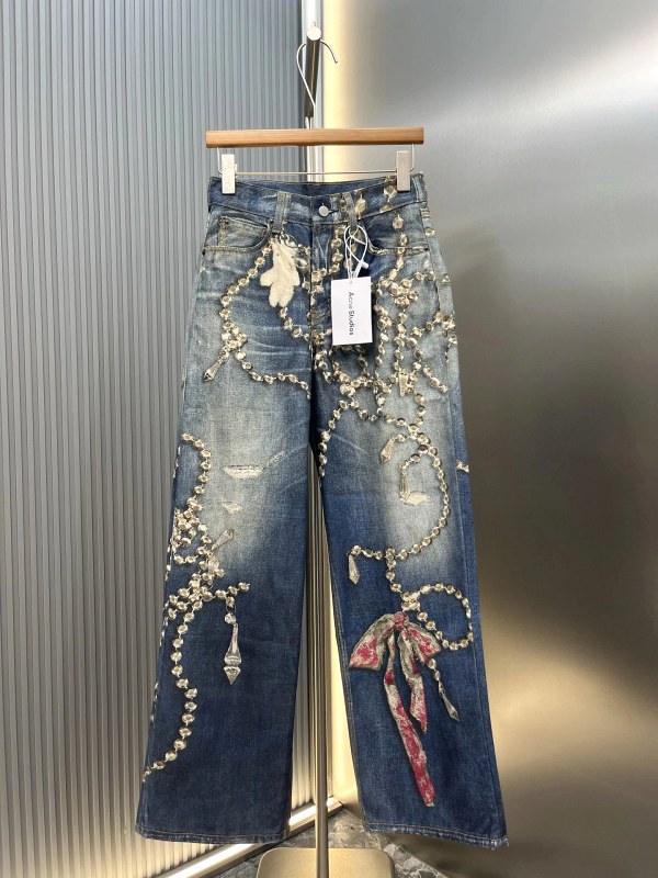 Acne Studios Blue Jeans With Trompe-l'Œil Crystal-and-Bow Print Denim