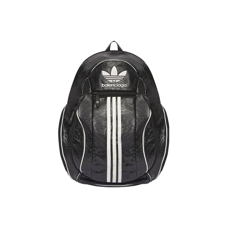 Rounded black backpack with a large white Trefoil and lettered front panel in the Balenciaga x adidas style