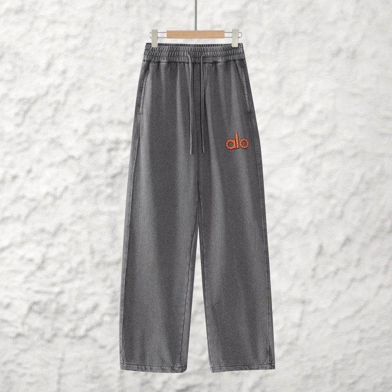 Alo Yoga Gray Wide-Leg Pants in Washed 350 g Loopback Terry with Drawstring Waist