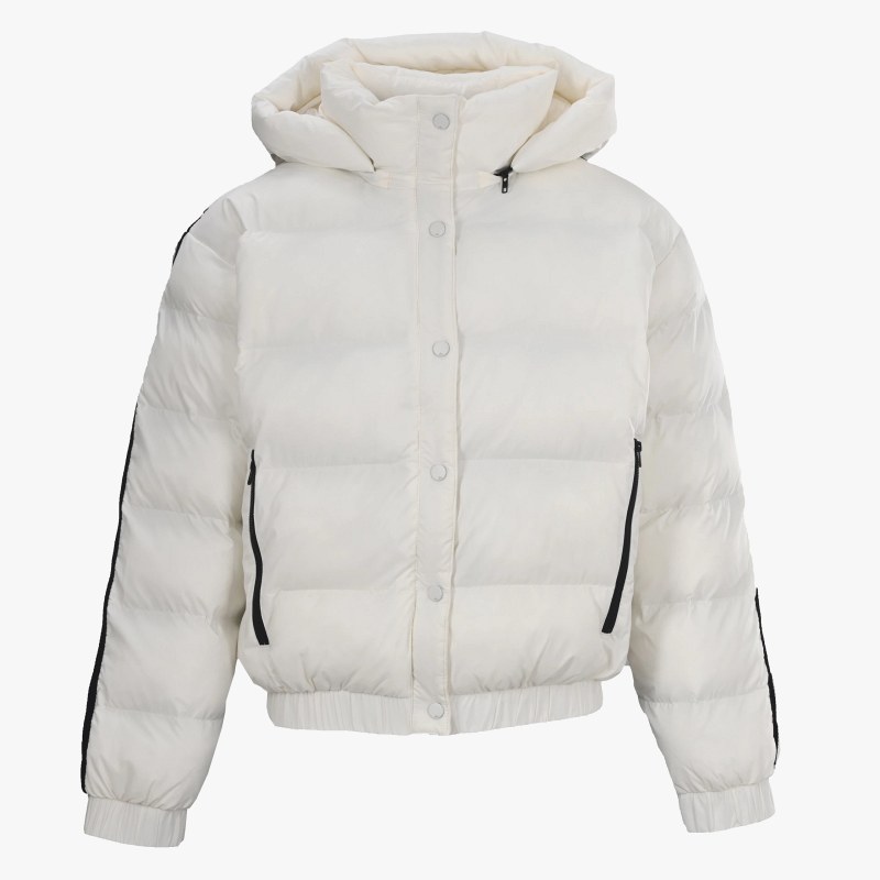 Alo Yoga-Style White Puffer Jacket With Webbing Sleeve Stripes and a Padded Hood
