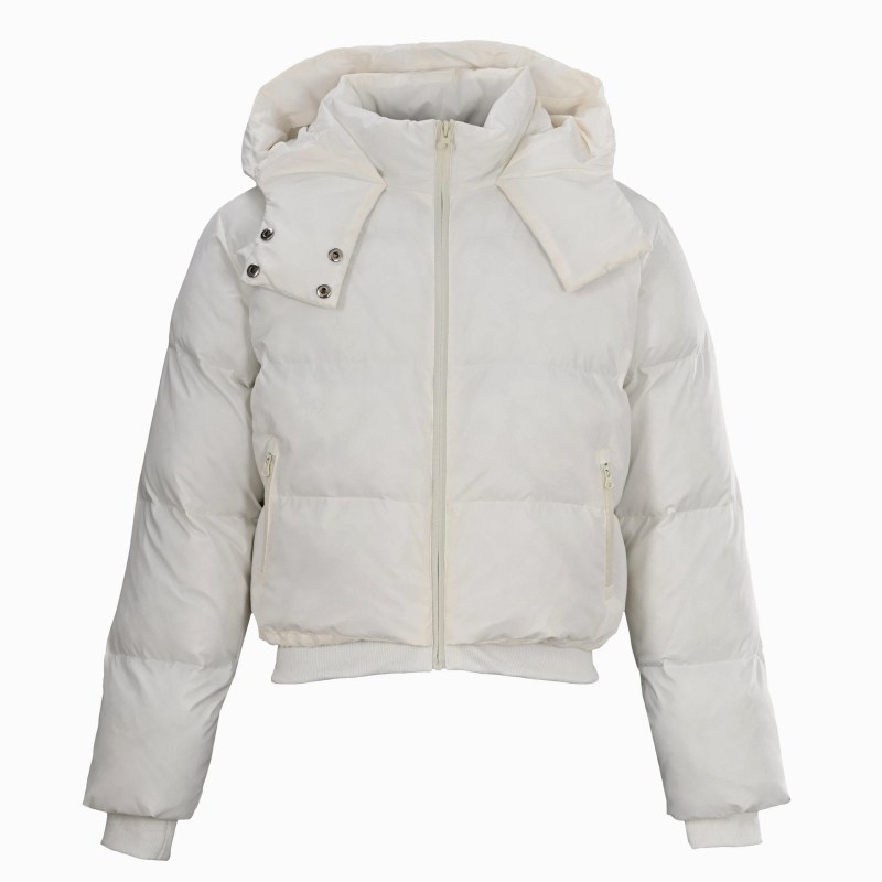 Alo Yoga Cropped Ribbed-Hood Puffer in Black, Ivory, and Toasted Almond