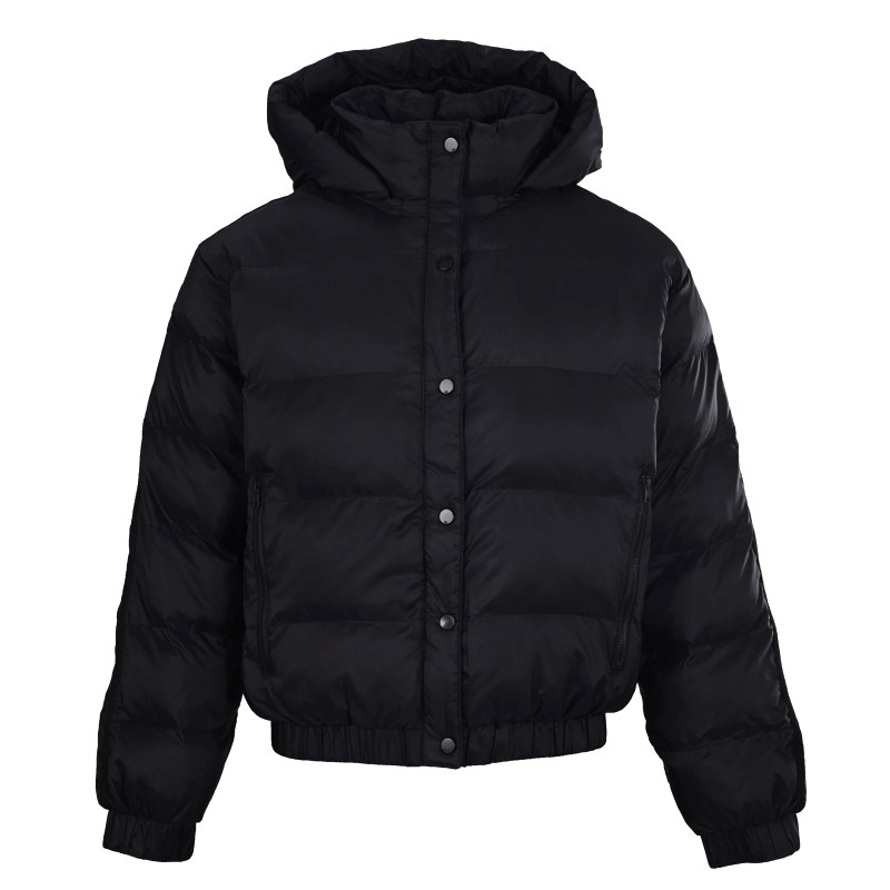 Alo Yoga Hooded Puffer Jacket in Black with Webbing Stripe Trim
