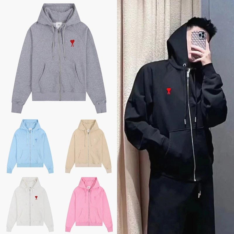 Ami Paris Hooded Cardigan Collection: Embroidered Heart Motif in 350–400g Cotton Terry, S–XL