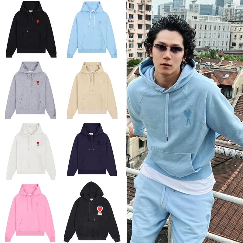 Ami Paris Navy Hoodie: Cotton Pullover with Embroidered Lettering in S–XL
