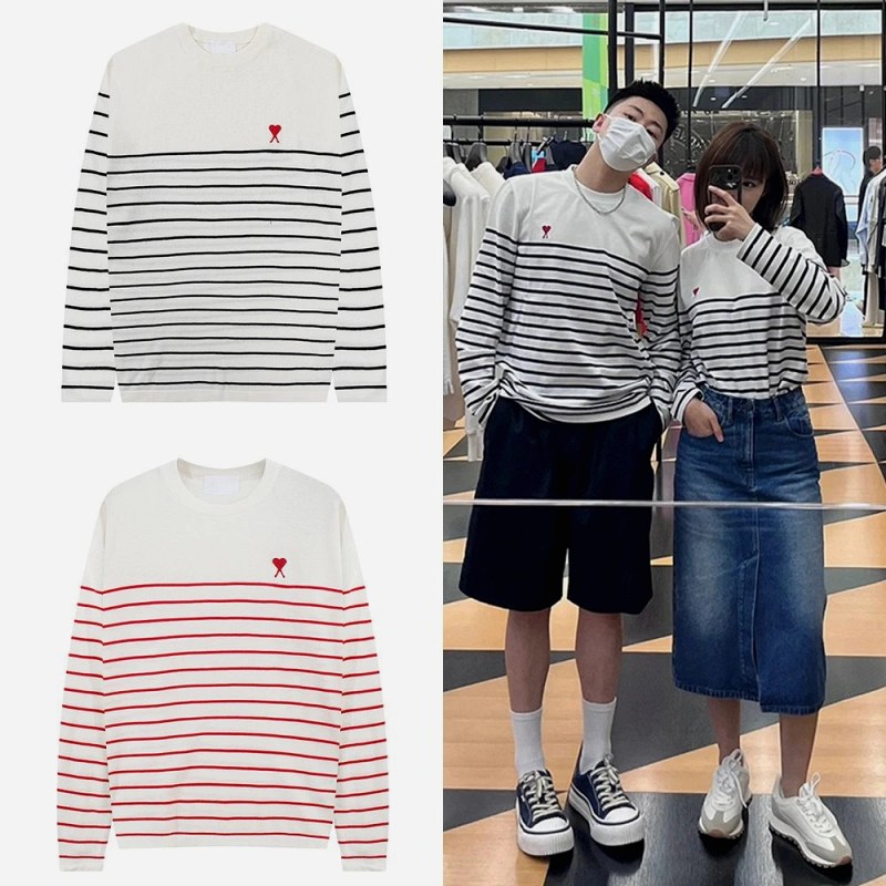 Ami Paris Striped Knit Crewneck Pullover in Red, Green and Black, S–XL