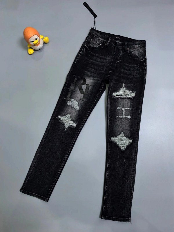 Amiri black distressed straight-leg jeans with stretch denim and embroidered branding
