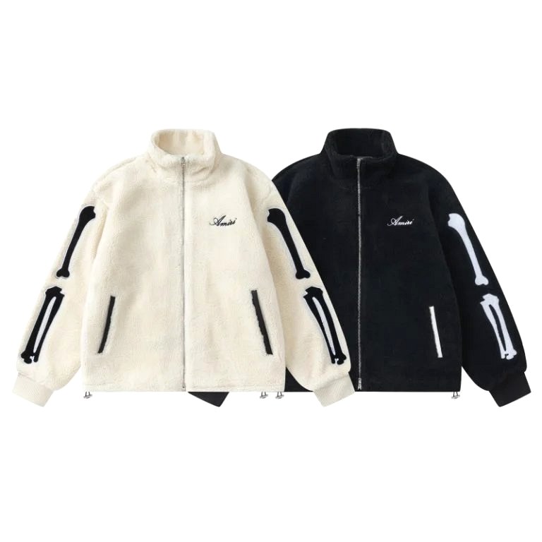 Amiri Lambswool Bone Varsity Jacket in Black and Apricot White, S–XL