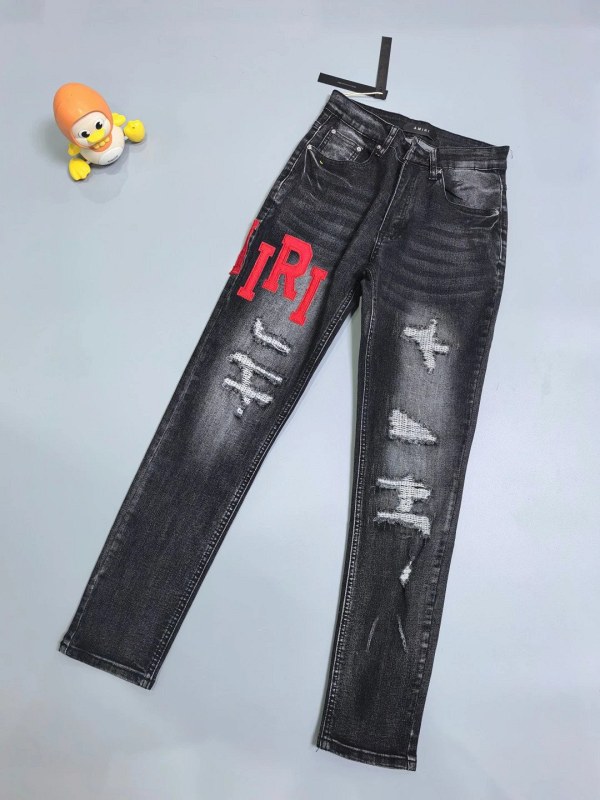 Amiri Black Jeans With Hand-Distressed Embroidery and Stretch Denim