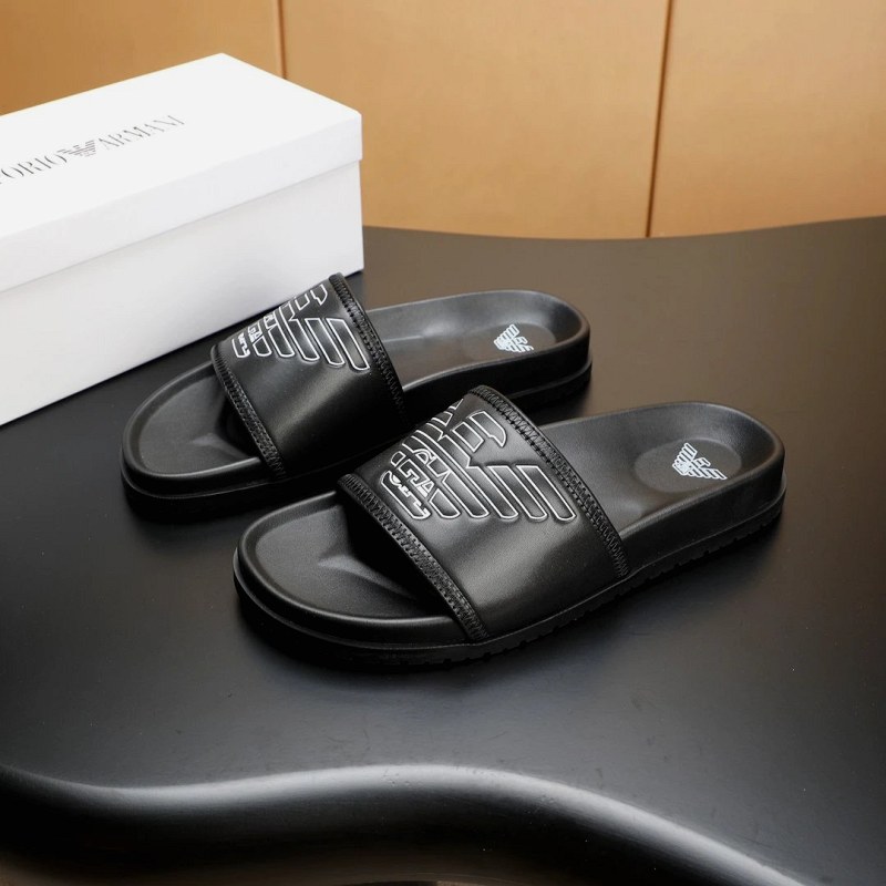 Armani Black Slides with a Leather Upper and Lightweight Anti-Slip Outsole