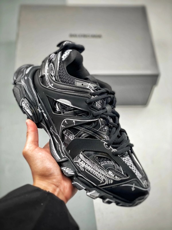 Balenciaga Track 3.0 in gray, a multi-panel distressed sneaker listed in EU 35–46