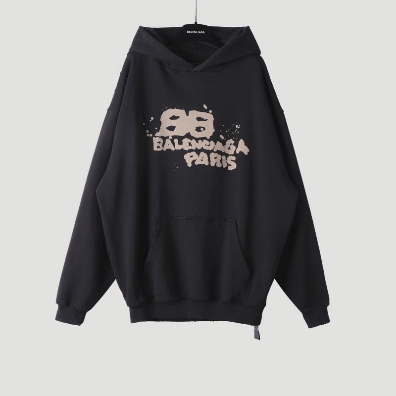 Balenciaga Black Hoodie in Relaxed Streetwear Style — 480gsm Double-Yarn Cotton with Hand-Screen BB Graffiti Print