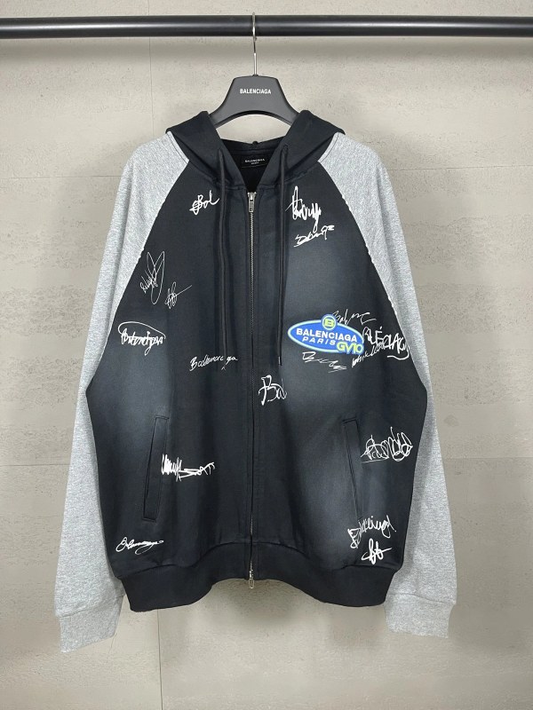 Balenciaga raglan zip-up hoodie in 460gsm washed cotton with graffiti finish