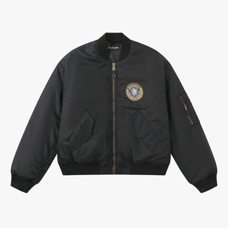 Balenciaga Black Collegiate Varsity Jacket with Padded Nylon Shell and Embroidered Lion Crest
