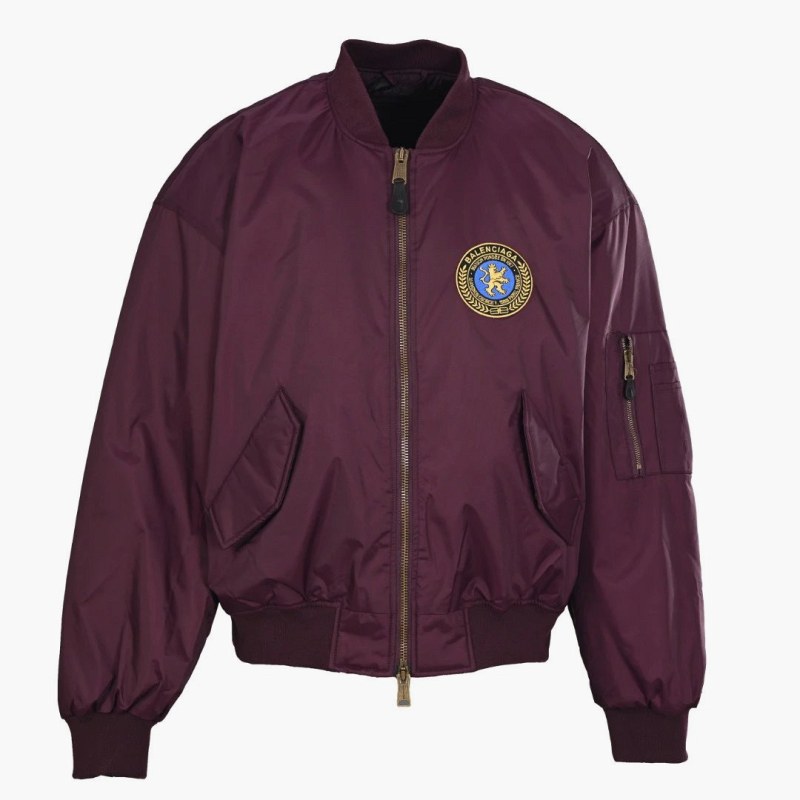 Balenciaga Burgundy Varsity Jacket in Collegiate Style with Lion Crest Patch