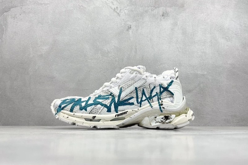 Balenciaga Runner Graffiti in White/Blue — the 7th-Gen "Paris 7.5" Silhouette, Offered Here in an i8 Batch Build