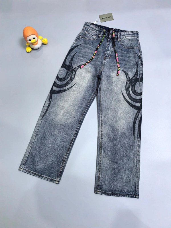 Balenciaga Gray Straight-Leg Wide Jeans With Flame Print and Rose Drawcord