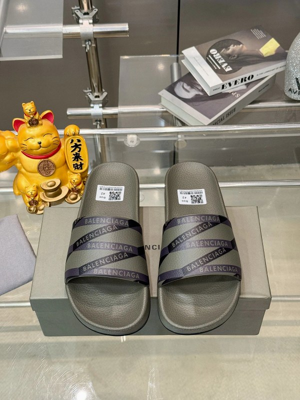 Balenciaga Gray Slides: PU-Lined Casual Slide with Rubber Outsole, Sizes 38–46