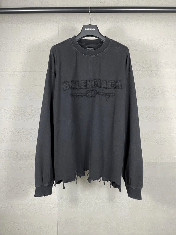 Balenciaga Logo Long-Sleeve Top in Washed Cotton, Oversized Drop-Shoulder Cut