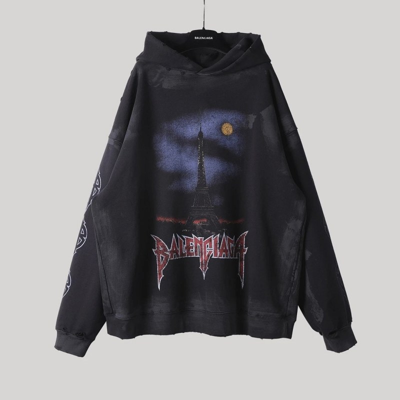 Balenciaga Black Hoodie, 24SS Eiffel Tower Print in Washed 480gsm Cotton, Relaxed Fit