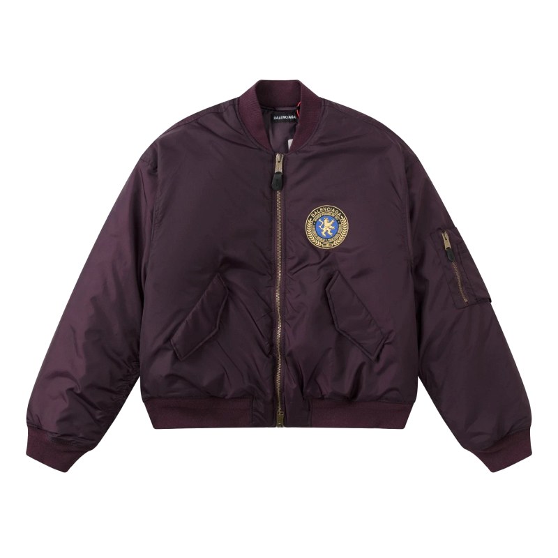 Balenciaga Purple Bomber Jacket With Embroidered Lion Patch and Padded Nylon Shell