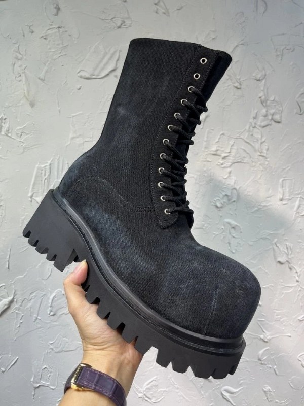 Balenciaga Black Canvas Combat Boot with Pre-Distressed Finish and Chunky Lug Sole