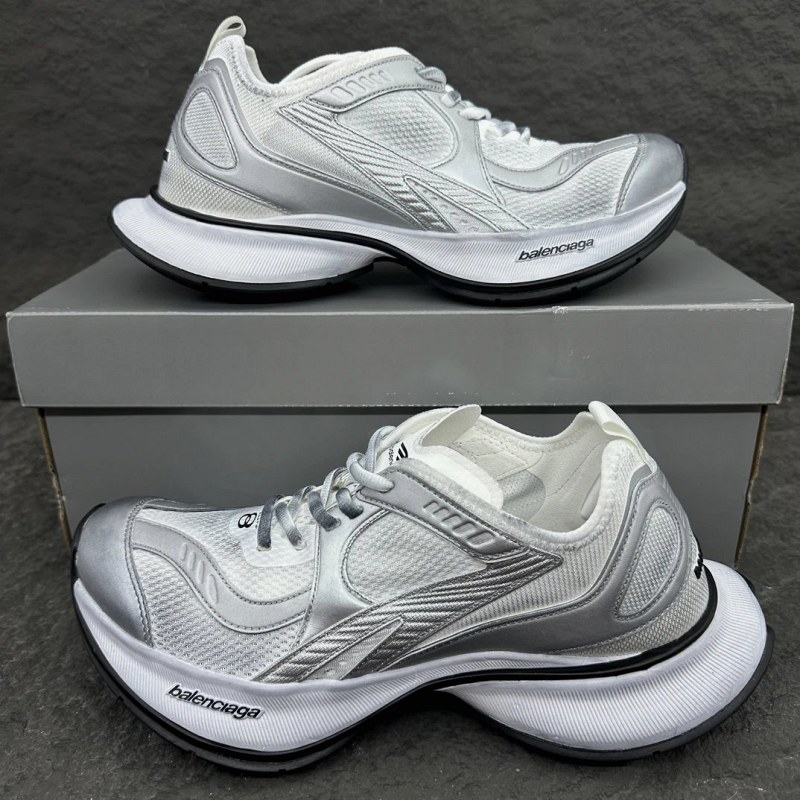 Balenciaga Circuit silver-and-white sneaker: a very light, leather-free athletic shoe with a distressed finish