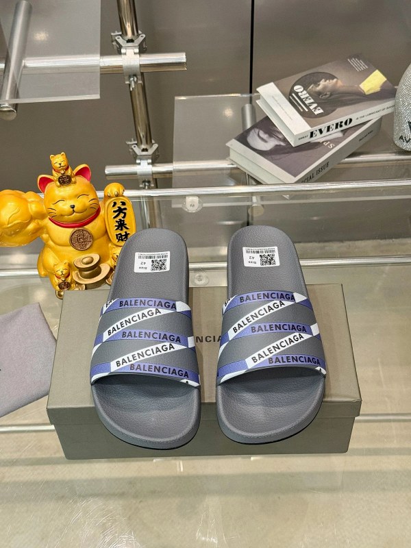 Balenciaga Gray Slides: PU Upper, Rubber Outsole, EU 38–46