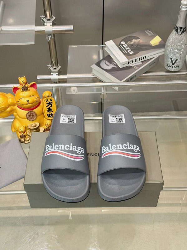 Balenciaga Gray Slides: PU Upper, Anti-Slip Outsole, Listed in Sizes 38–46