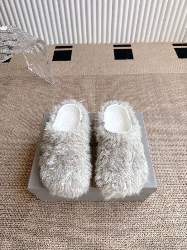 Balenciaga White Furry Platform Slides in Grouped Size Runs