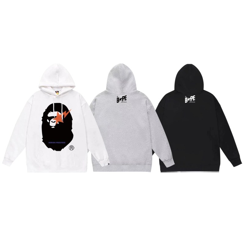 Bape multicolor hoodie collection: cotton pullover hoodies in 90-plus black, white, and grey colorways