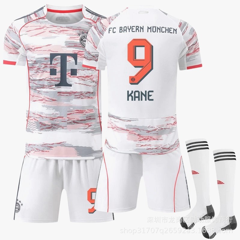 A gray Bayern Munich football jersey in retro sports style, cut in 100% polyester