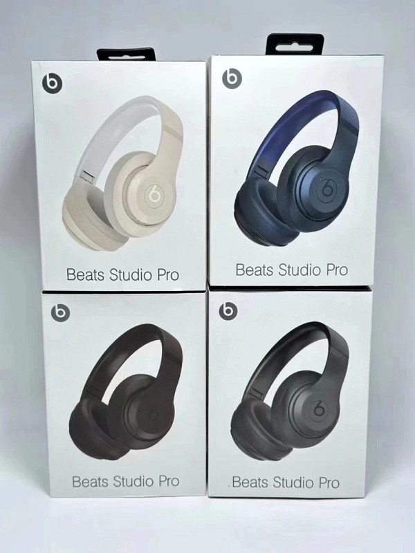 Beats Studio Pro-style over-ear headphones in nude colorways with pop-up pairing and a case
