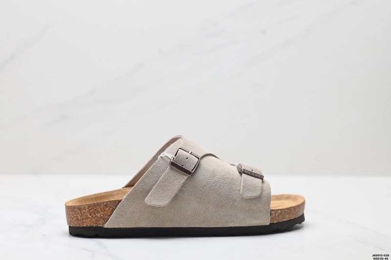 Birkenstock Gray Suede Slides With Shearling Lining and Double Buckle Straps
