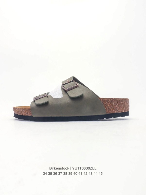Birkenstock Gray Slides With a Soft Leather Upper and Cork-Rubber Footbed