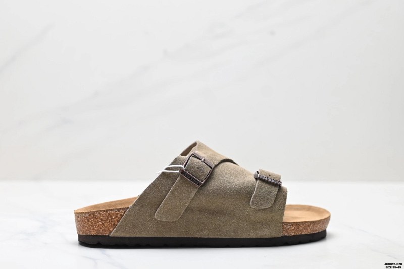 Birkenstock Khaki Two-Strap Slides With Shearling Lining and Buckle Adjustability