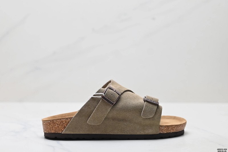 Birkenstock Khaki Shearling Slides with Dual Buckle Straps