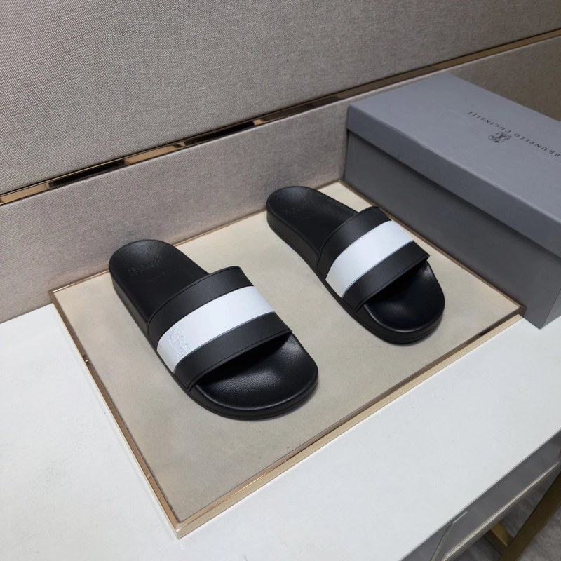 Brunello Cucinelli Black Slides with Multi-Material Upper and Leather Lining