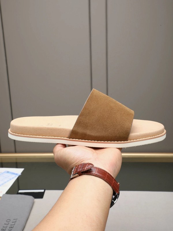 Brunello Cucinelli Brown Suede-Look Cross-Strap Slides With an Adjustable Antiqued Buckle