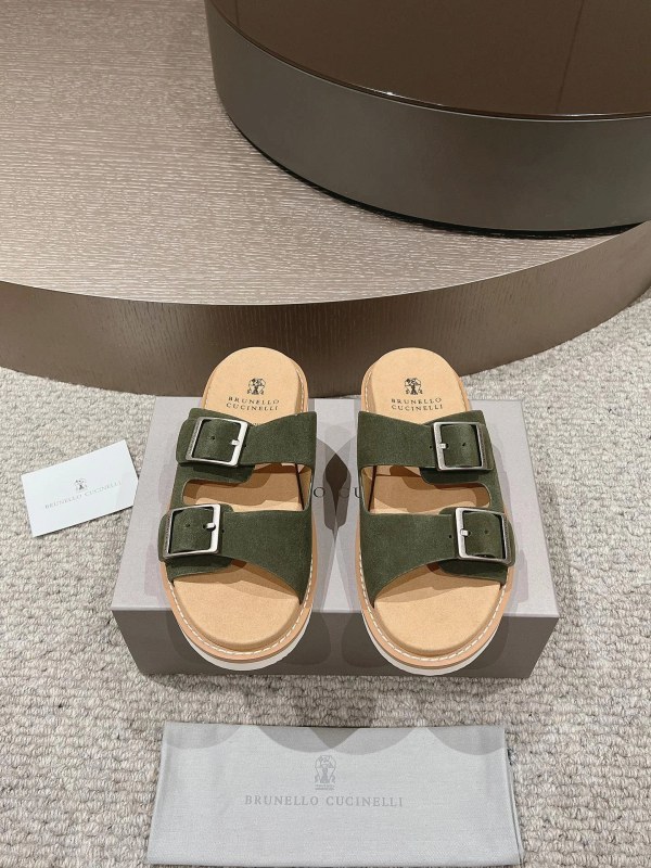 Brunello Cucinelli Suede Slides With an Adjustable Antiqued Buckle Strap
