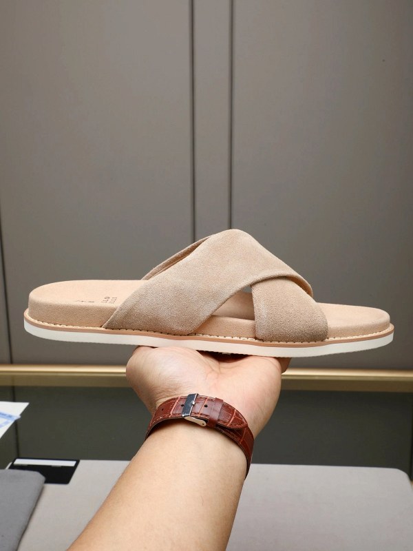 Brunello Cucinelli Suede Cross-Strap Slides with an Adjustable Antiqued Buckle