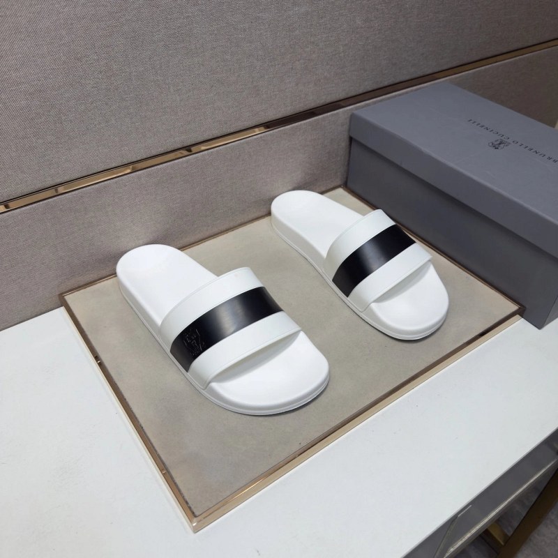 Brunello Cucinelli White Slides in a Multi-Material, Leather-Lined Build