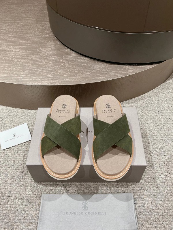 Brunello Cucinelli Suede Slides with an Adjustable Antiqued Buckle Strap