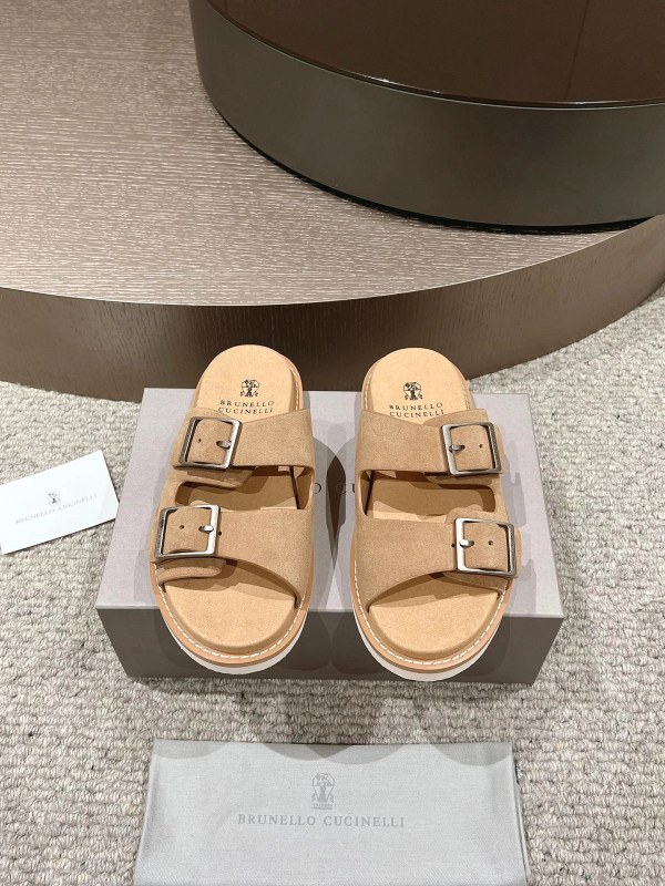 Brunello Cucinelli Suede Slides With an Adjustable Antique-Finish Buckle Strap