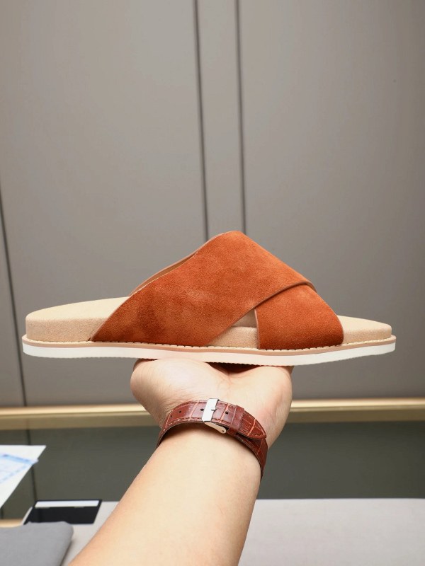 Brunello Cucinelli Gray Slides: Suede Cross-Strap with an Adjustable Antiqued Buckle