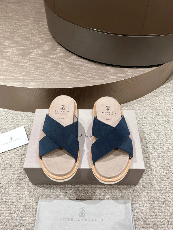Brunello Cucinelli Suede Slides With an Adjustable Aged-Buckle Strap