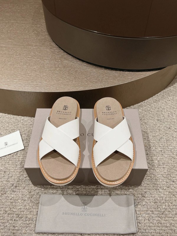 Brunello Cucinelli White Slides With Washed Suede and an Adjustable Buckle Strap