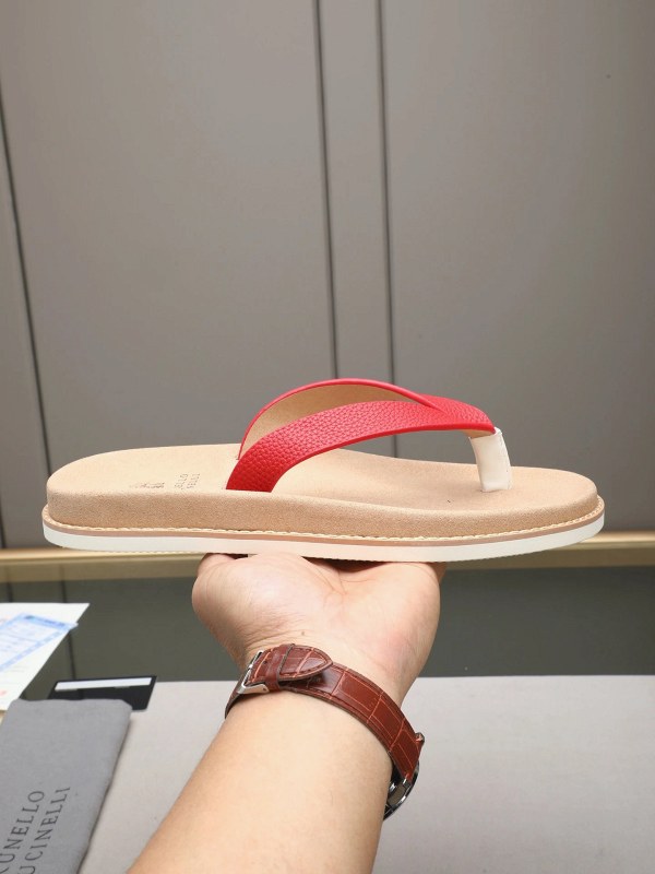 Brunello Cucinelli suede thong slides with an antiqued adjustable buckle strap