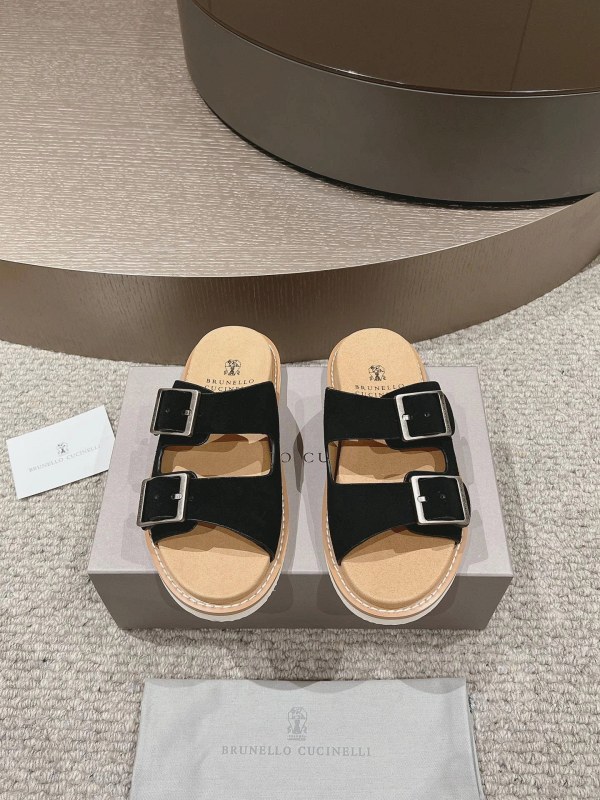 Brunello Cucinelli Black Suede Slides With an Adjustable Aged-Buckle Strap