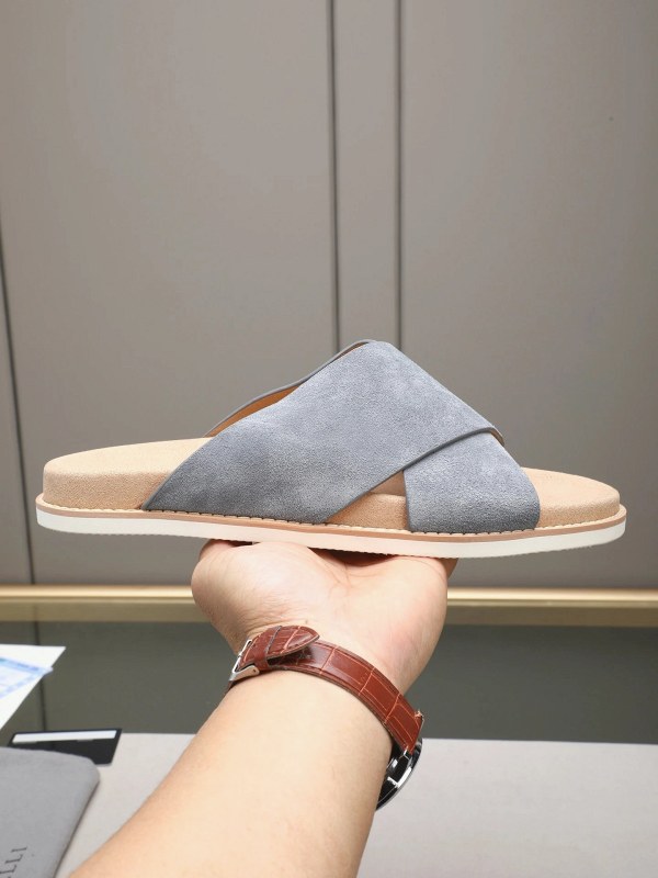Brunello Cucinelli Gray Cross-Strap Slides with an Adjustable Antiqued Buckle